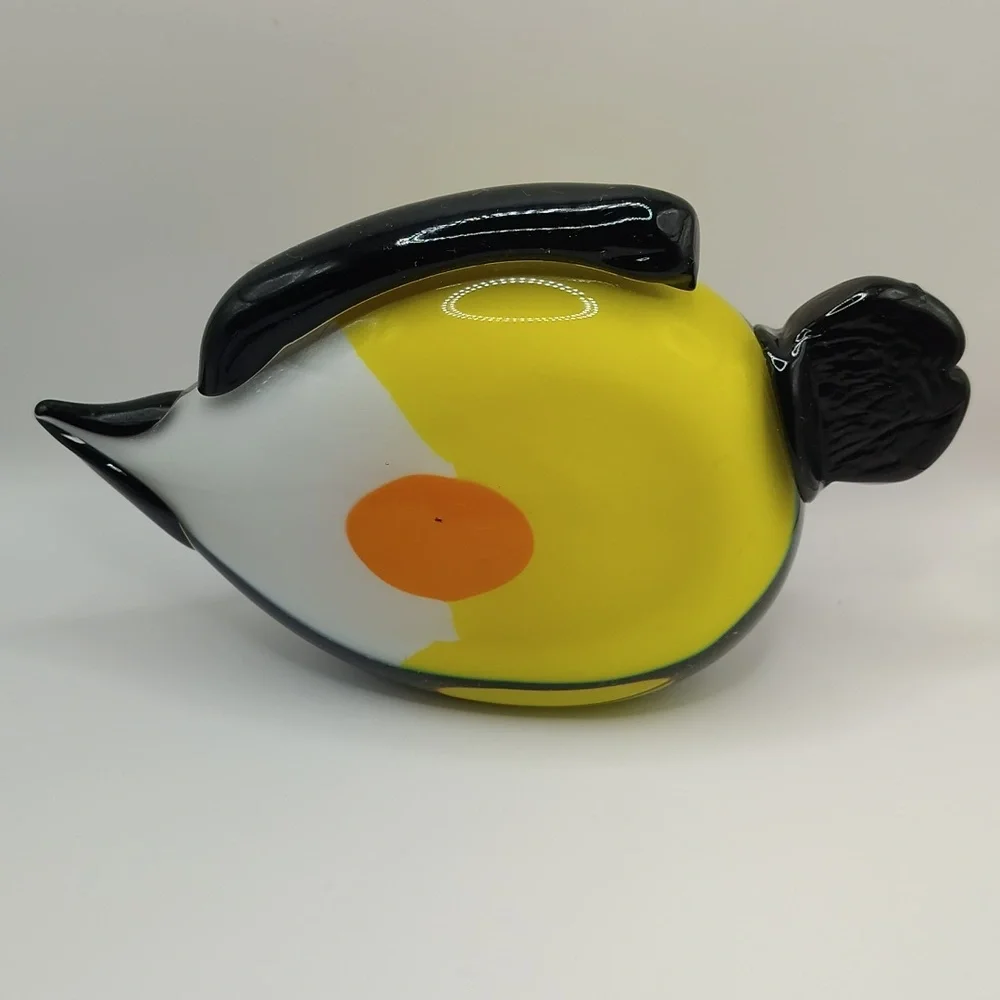 Art Glass Fish Sculpture. About 7X4 Inches. Black, White, Yellow, & Orange